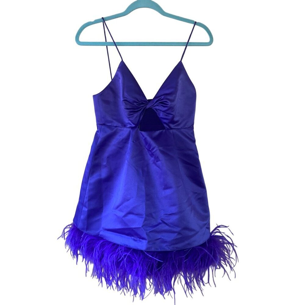 Alice Olivia Womens Dress Size 4 Purple Necole Feather Hem Mini Satin V Neck